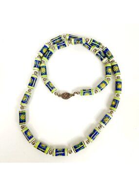 Vintage Ceramic Tube Hand Painted Beads Green Blue Sunflower Necklace 28''